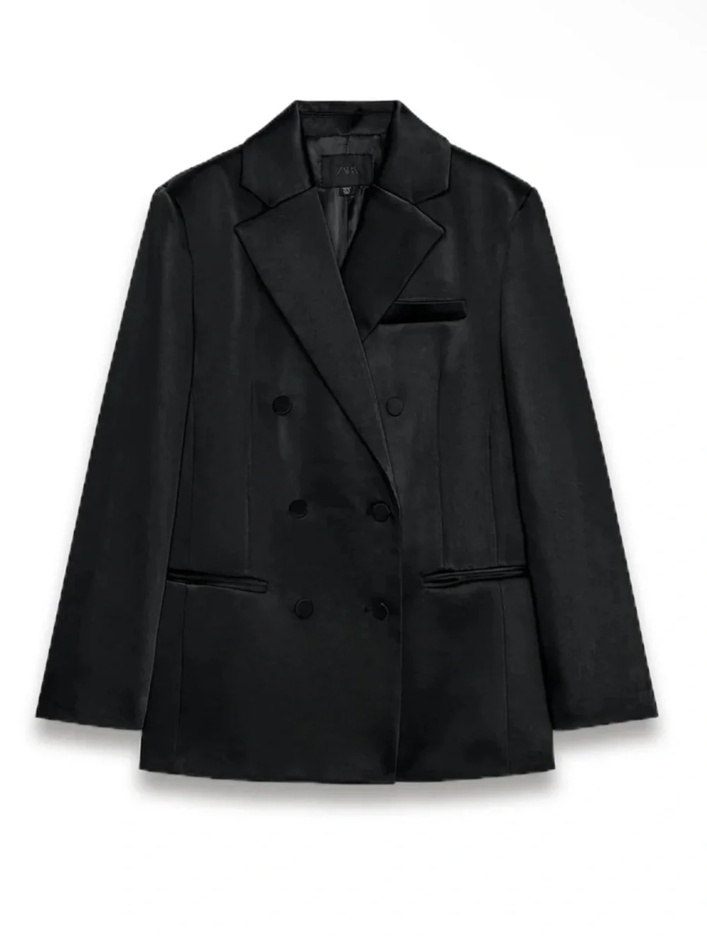 Zara Oversized Black Satin Structured Double Breasted Long Blazer Jacket NEW
